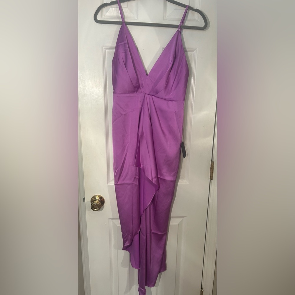 Purple Satin Midi Dress- “Caught Feelings Purple Satin Ruffled Midi Dress”